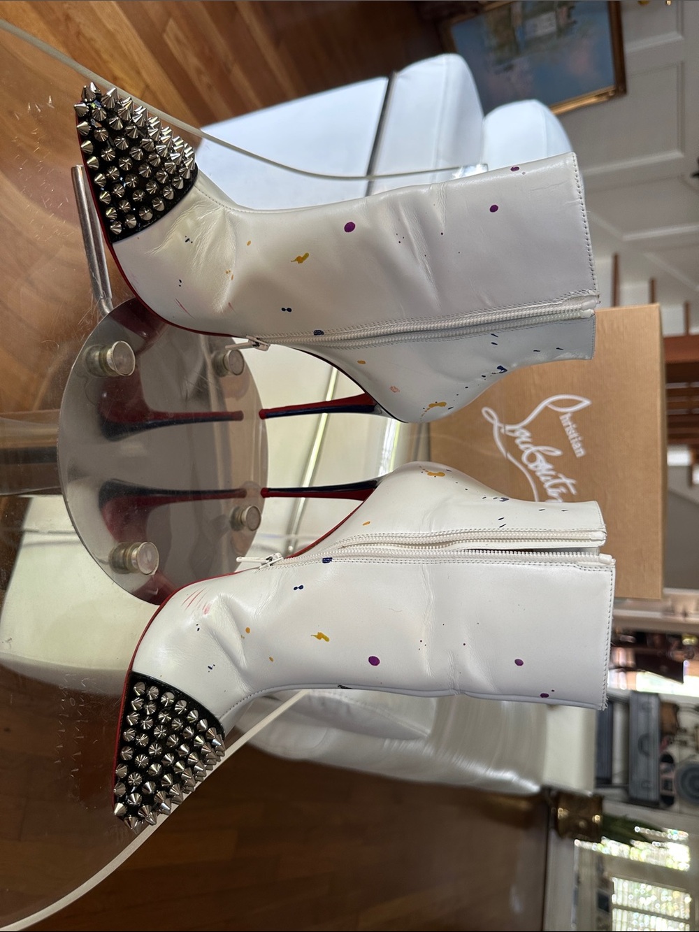 Christian Louboutin White Leather Hand-Painted Spike-Toe Ankle LOVE Boots - Picture 6 of 16